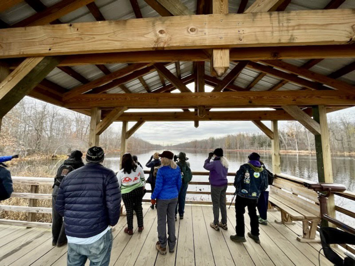 Birding from the accessible gazebo at Longmeadow Flats. Photograph by Steph Almasi.