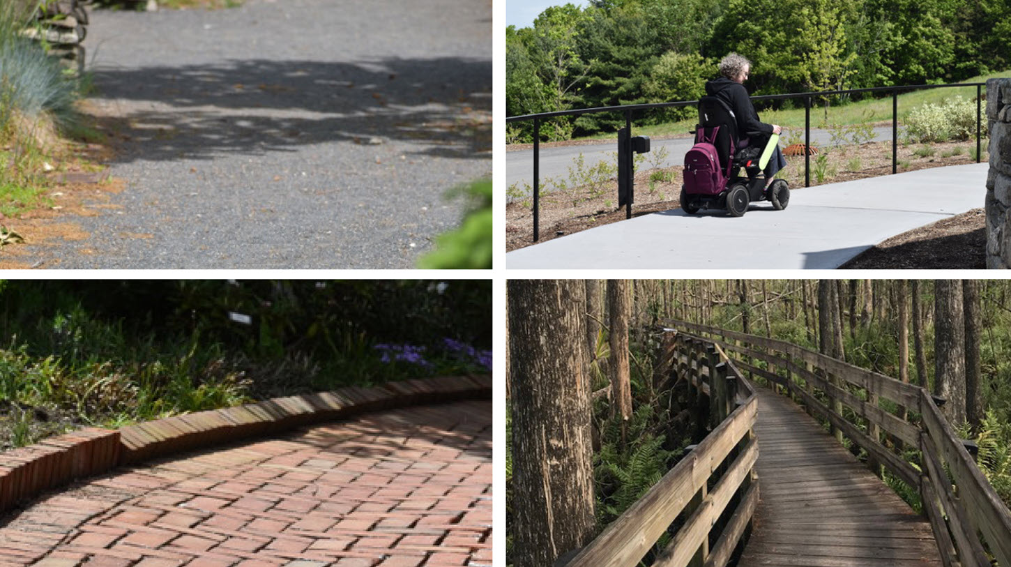 Top Left. Packed dirt over gravel surface is accessible for manual and power wheelchairs. Photograph by Heather Finlay-Morreale. Top Right. An accessible paved path with slow grade and a handrail for those who walk but need support. Photograph by Richard Morreale. Bottom Left. This paved brick path has gaps small enough so that a wheelchair wheel does not get stuck. Even with undulations, it is passable for many. Photograph by Heather Finlay-Morreale. Bottom Right. A boardwalk in Florida. Photograph by Heather Finlay-Morreale.
